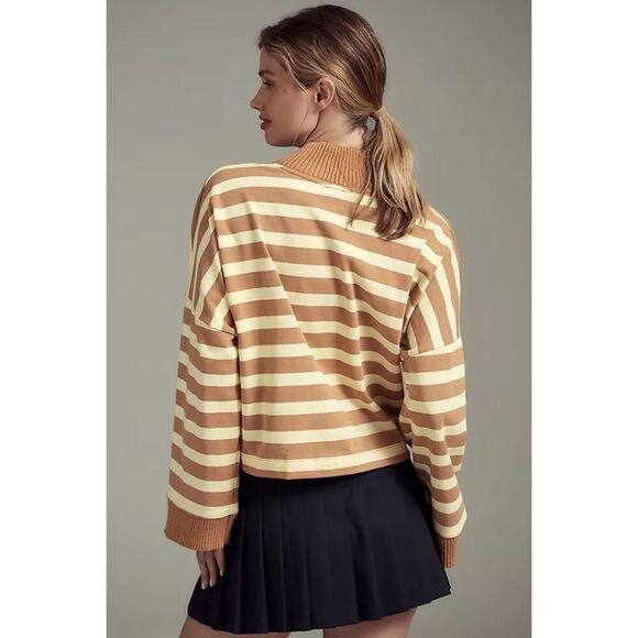 Anthropologie Maeve Women’s Yellow Tan Stripe Cotton Boxy Oversized V-Neck Top - Picture 4 of 11